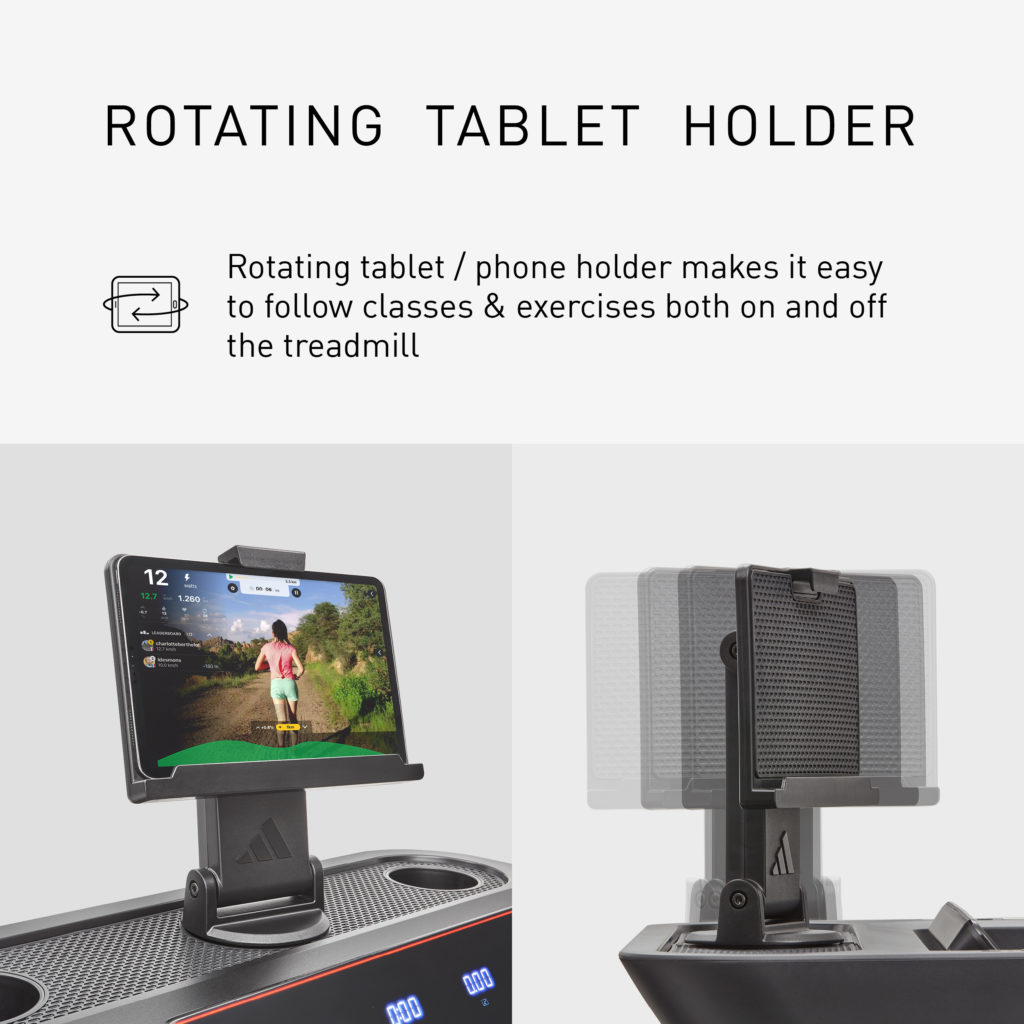 t-23 treadmill infographics - 2 rotating tablet holder